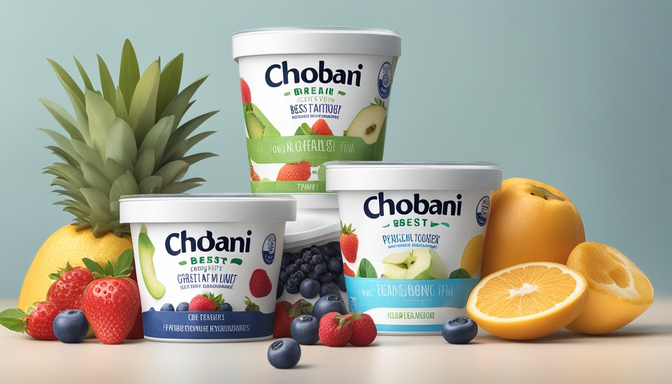 A sealed Chobani Greek Yogurt container with a "best by" date visible, surrounded by various fresh fruits and a clean, organized refrigerator