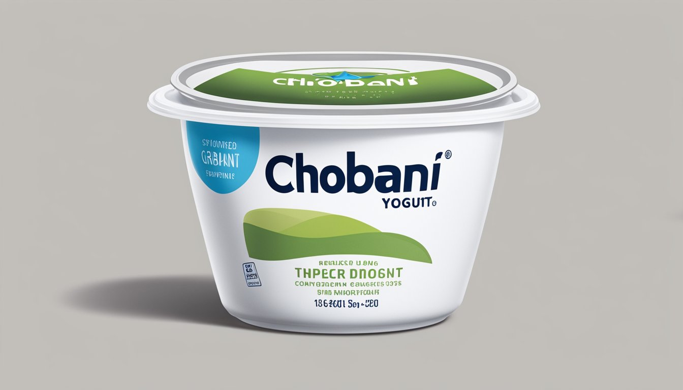 A single unopened container of Chobani Greek Yogurt with a clearly labeled expiration date, placed on a clean and organized refrigerator shelf