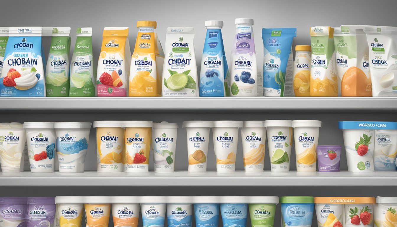 A variety of Chobani Greek Yogurt packages arranged on a shelf, with different flavors and expiration dates clearly visible