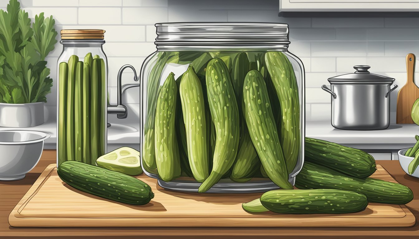 A jar of Claussen Kosher Dill Pickle Spears sits on a kitchen counter, surrounded by fresh ingredients and a cutting board