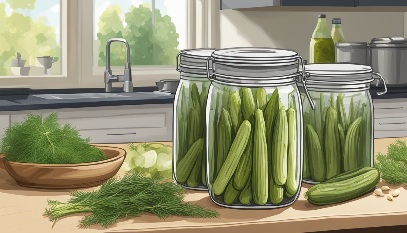 A jar of Claussen Kosher Dill Pickle Spears sits on a kitchen counter, surrounded by fresh dill, garlic, and vinegar. The pickling process is depicted with a series of images showing the pickles being submerged in the brine and left to ferment