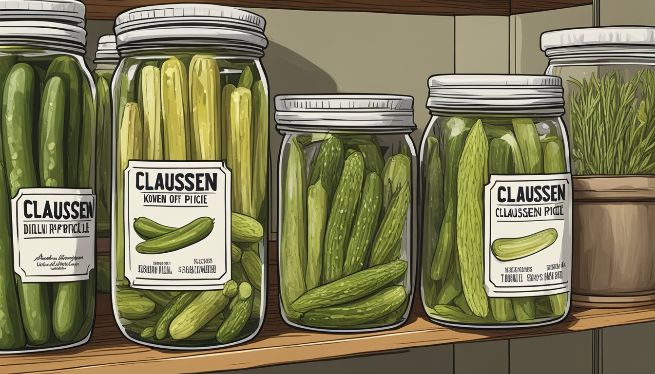 A jar of Claussen Kosher Dill Pickle Spears sits on a kitchen shelf, surrounded by other preserved foods. The label indicates the expiration date, while the pickles themselves are visible through the glass