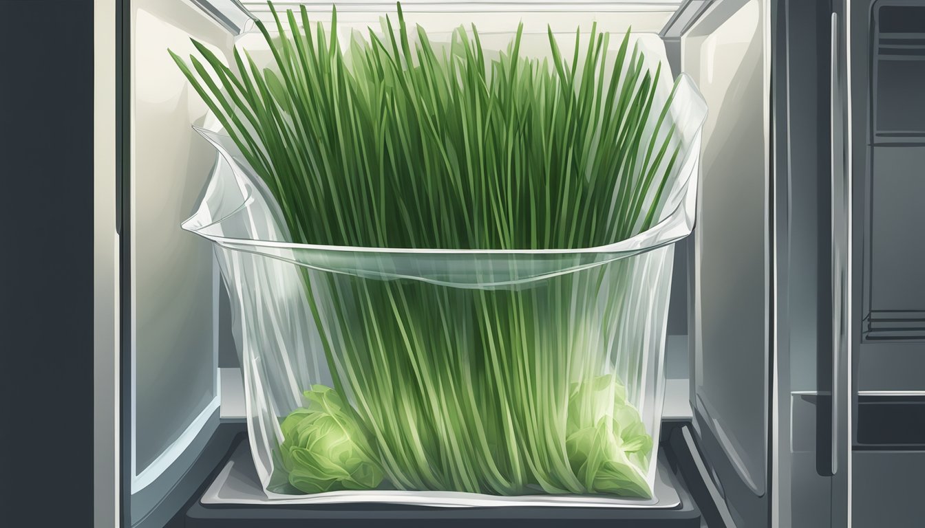 A bunch of chives wilting in a clear plastic bag in a dimly lit refrigerator