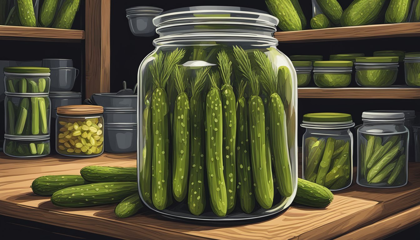 A jar of Claussen Kosher Dill Pickle Spears stored in a cool, dark pantry