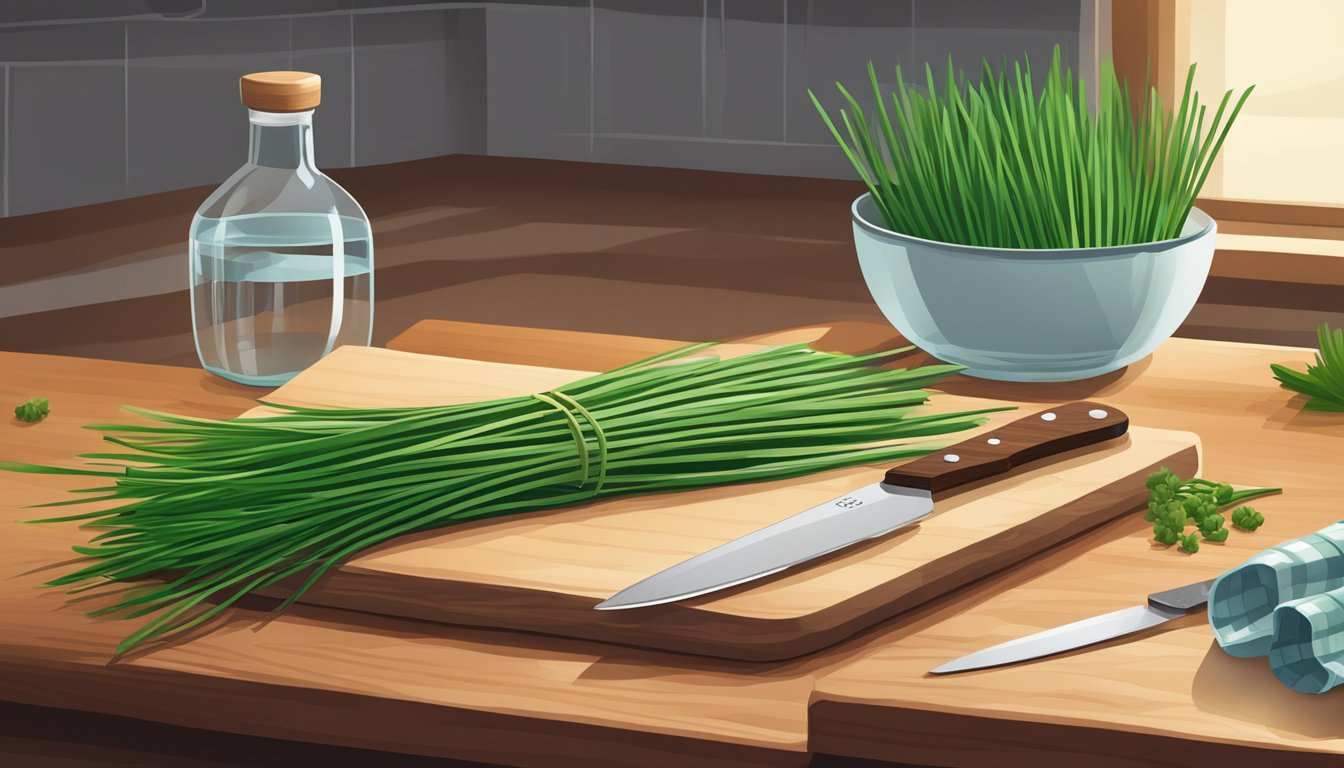 Fresh chives in a kitchen setting, placed on a cutting board with a sharp knife nearby, and a bowl of water for preservation