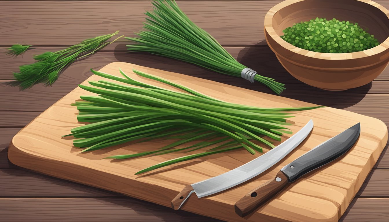 A bundle of fresh chives sits on a wooden cutting board next to a knife and a small bowl, ready to be used in cooking