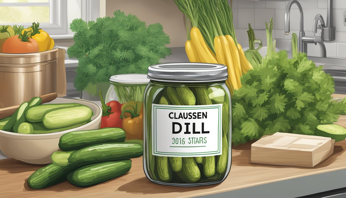 A jar of Claussen Kosher Dill Pickle Spears sits on a kitchen counter, next to a calendar with the date circled. The jar is unopened, surrounded by fresh produce and a nutrition label