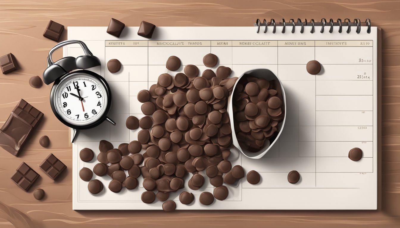 A bag of chocolate chips sits on a kitchen counter, next to a calendar and a clock. The chips are spilling out onto the counter