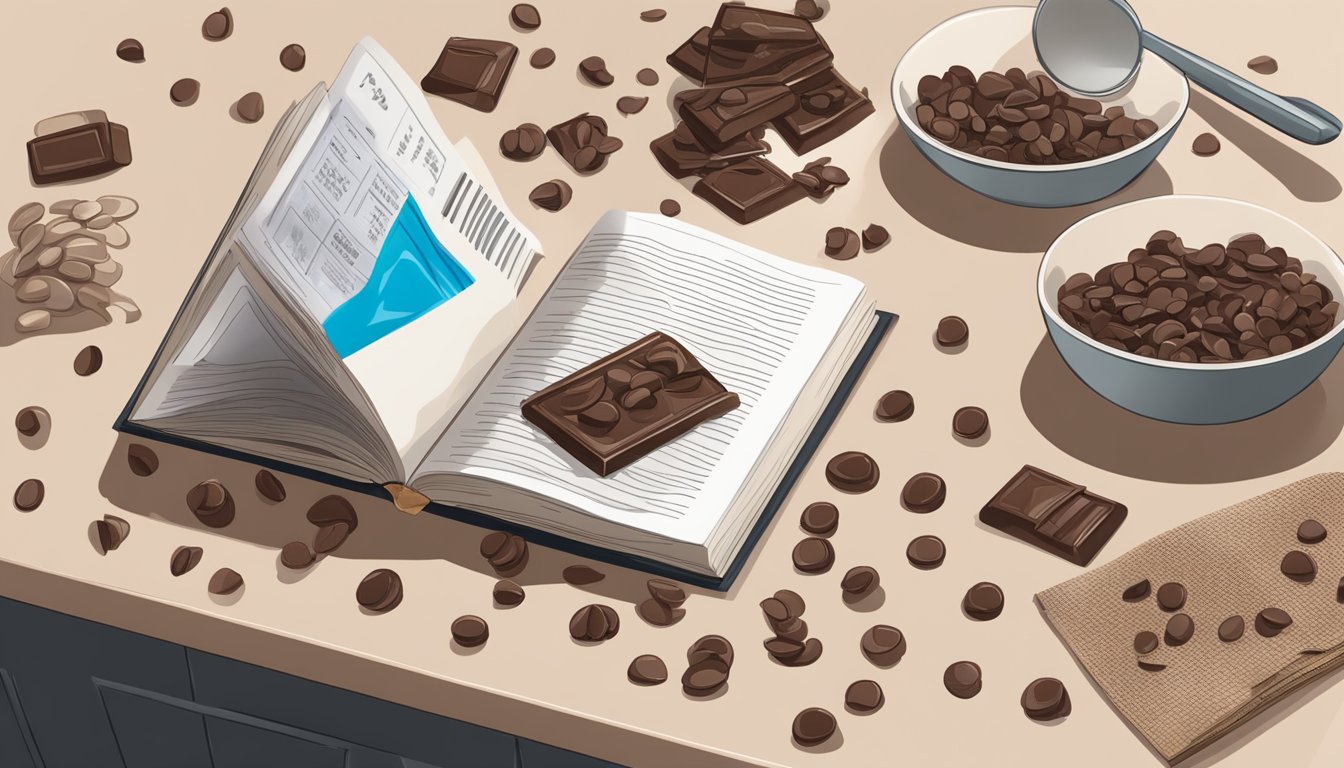 A bag of chocolate chips sits on a kitchen counter, next to an open recipe book. The chips are spilling out onto the counter, with a few scattered on the floor