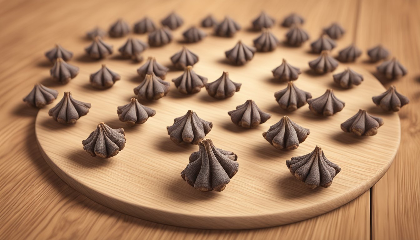 A cluster of cloves arranged in a circular pattern on a wooden cutting board, with a few loose cloves scattered around