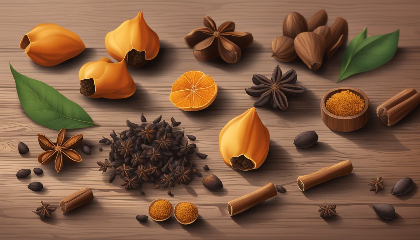 A variety of cloves from different origins arranged on a wooden surface, some whole and some cracked open, with a few dried leaves scattered around