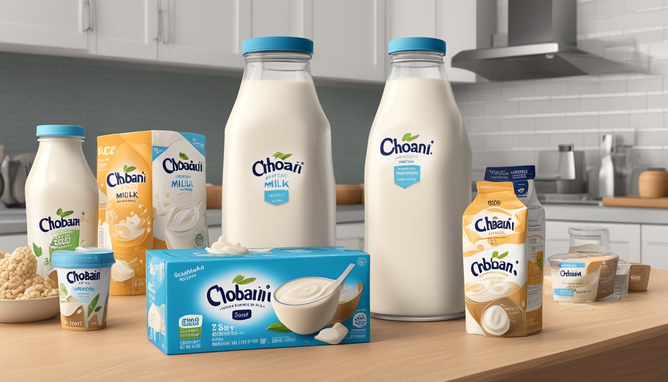 A carton of Chobani Oat Milk sits on a kitchen counter, surrounded by various dairy and non-dairy products. The carton is unopened, with a "best by" date clearly visible