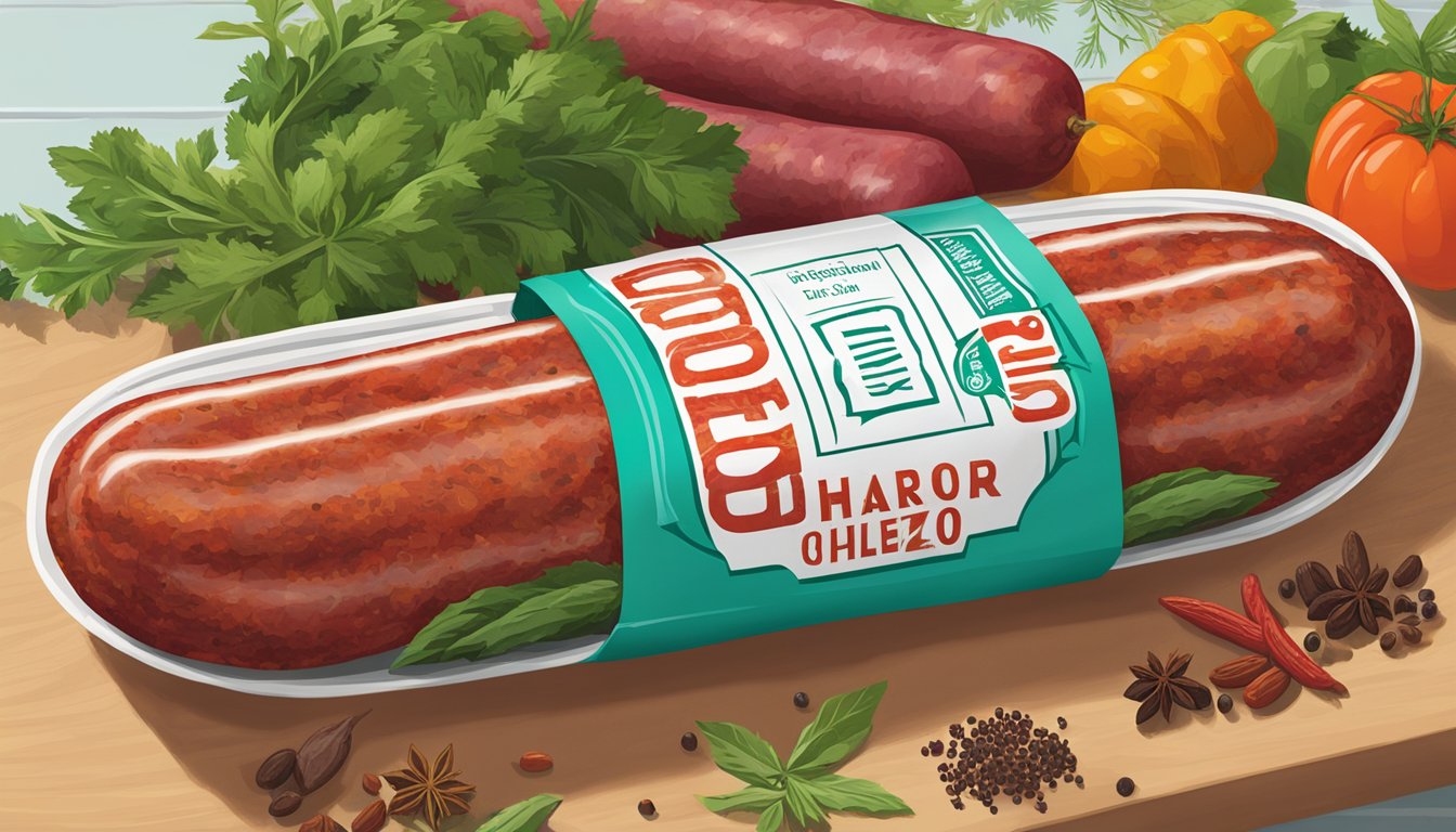 A package of chorizo sits on a kitchen counter, surrounded by colorful spices and herbs. The vibrant red sausage is tightly wrapped in plastic, with a label indicating the expiration date