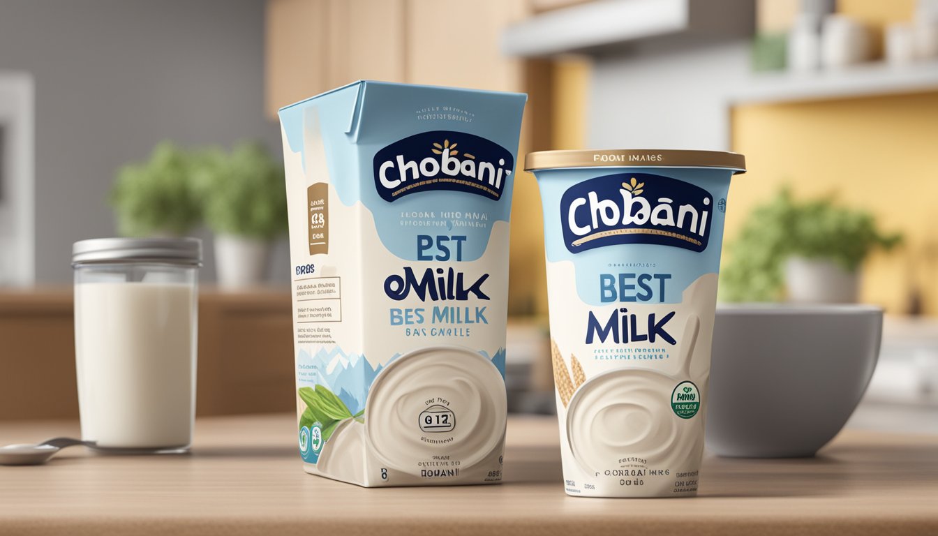 A carton of Chobani Oat Milk sits unopened on a kitchen counter, with a "best by" date clearly visible on the packaging