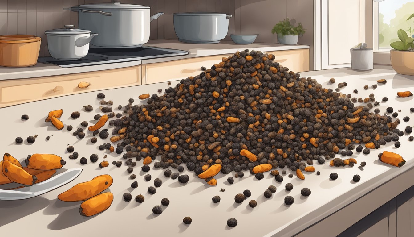 A pile of cloves scattered on a kitchen counter, some showing signs of mold and decay