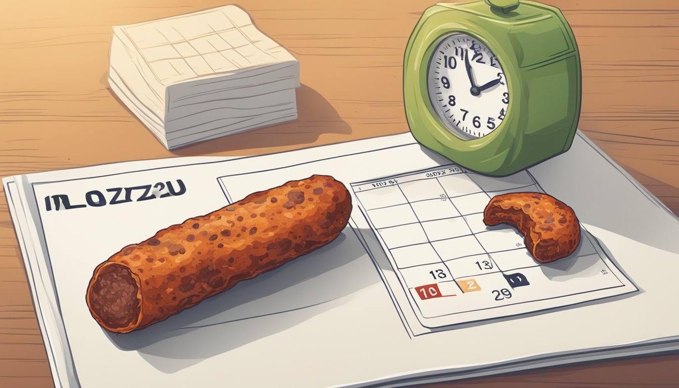 A piece of chorizo with visible mold and a foul odor, next to a calendar showing the expiration date crossed out