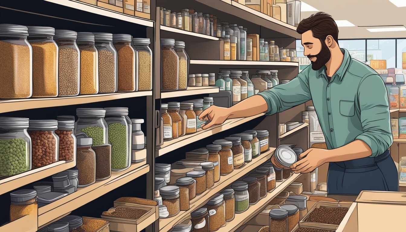 A hand reaches for a jar of cloves on a spice shelf, while a cashier rings up the purchase at a grocery store checkout counter