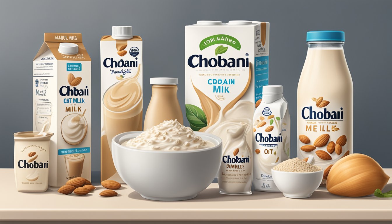 A carton of Chobani Oat Milk sits on a kitchen counter next to a variety of other milk alternatives, such as almond and soy milk