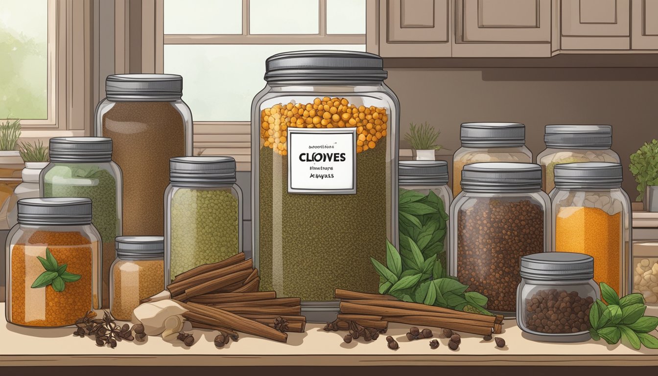 A jar of cloves sits on a kitchen shelf, surrounded by various spices and herbs. The label on the jar indicates the expiration date