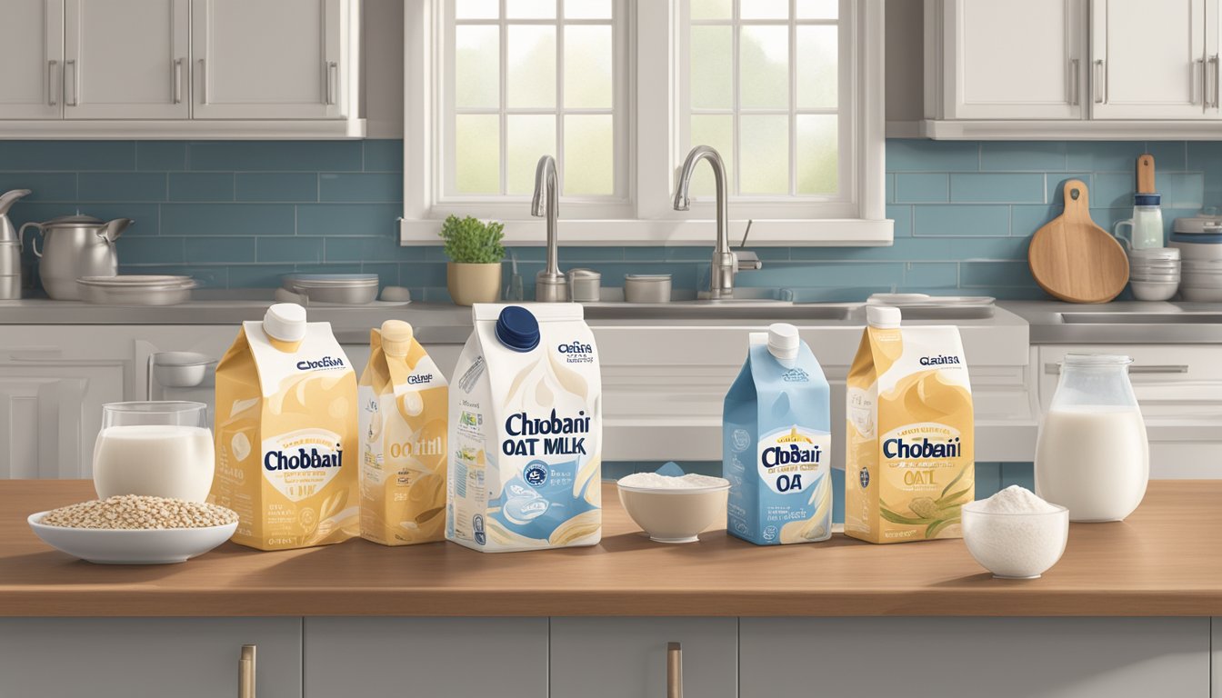 A carton of Chobani Oat Milk sitting on a kitchen counter with a "best by" date clearly visible