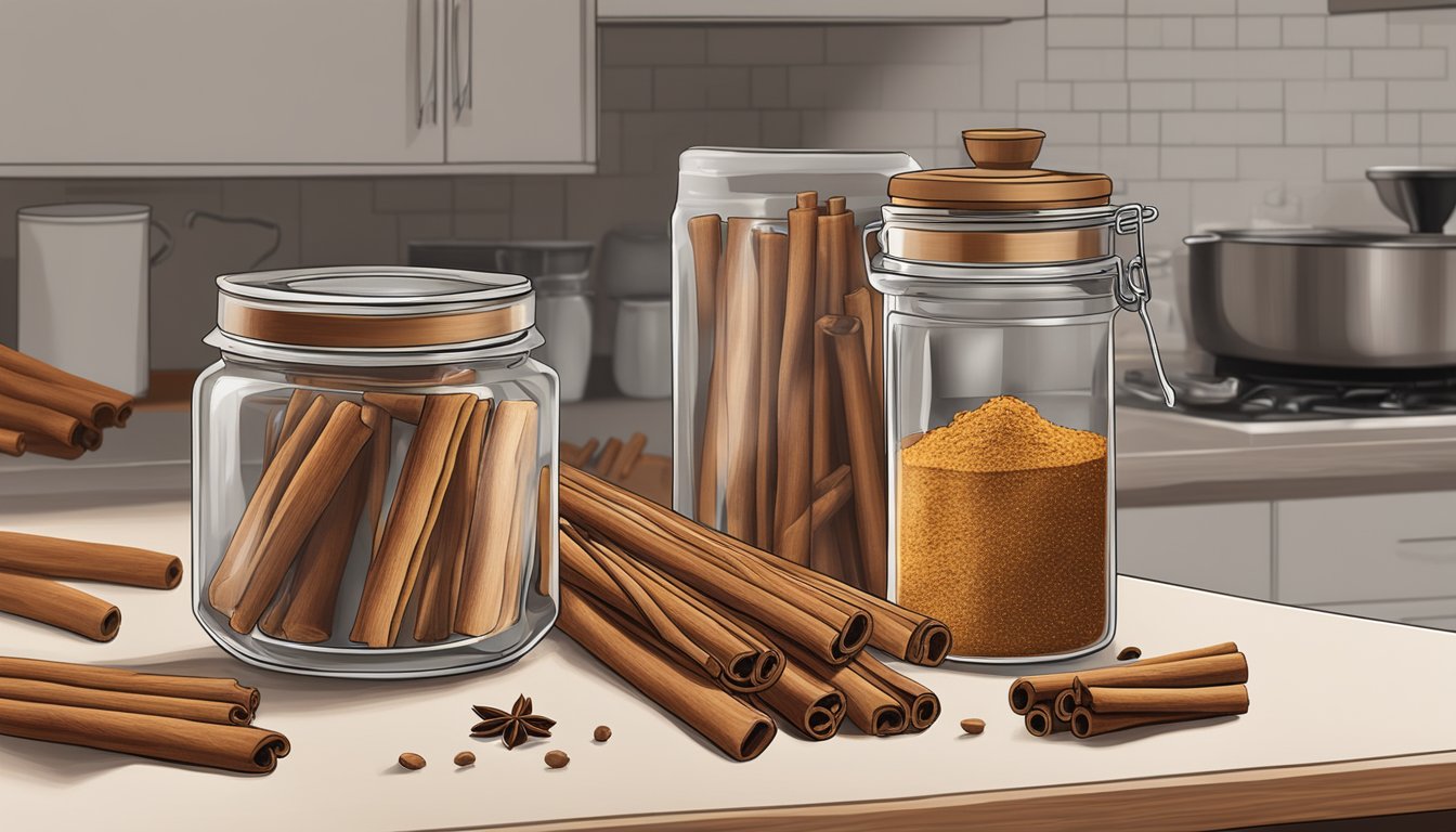 A glass jar filled with cinnamon sticks, some whole and others broken, sitting on a kitchen countertop next to a spice grinder and a cookbook