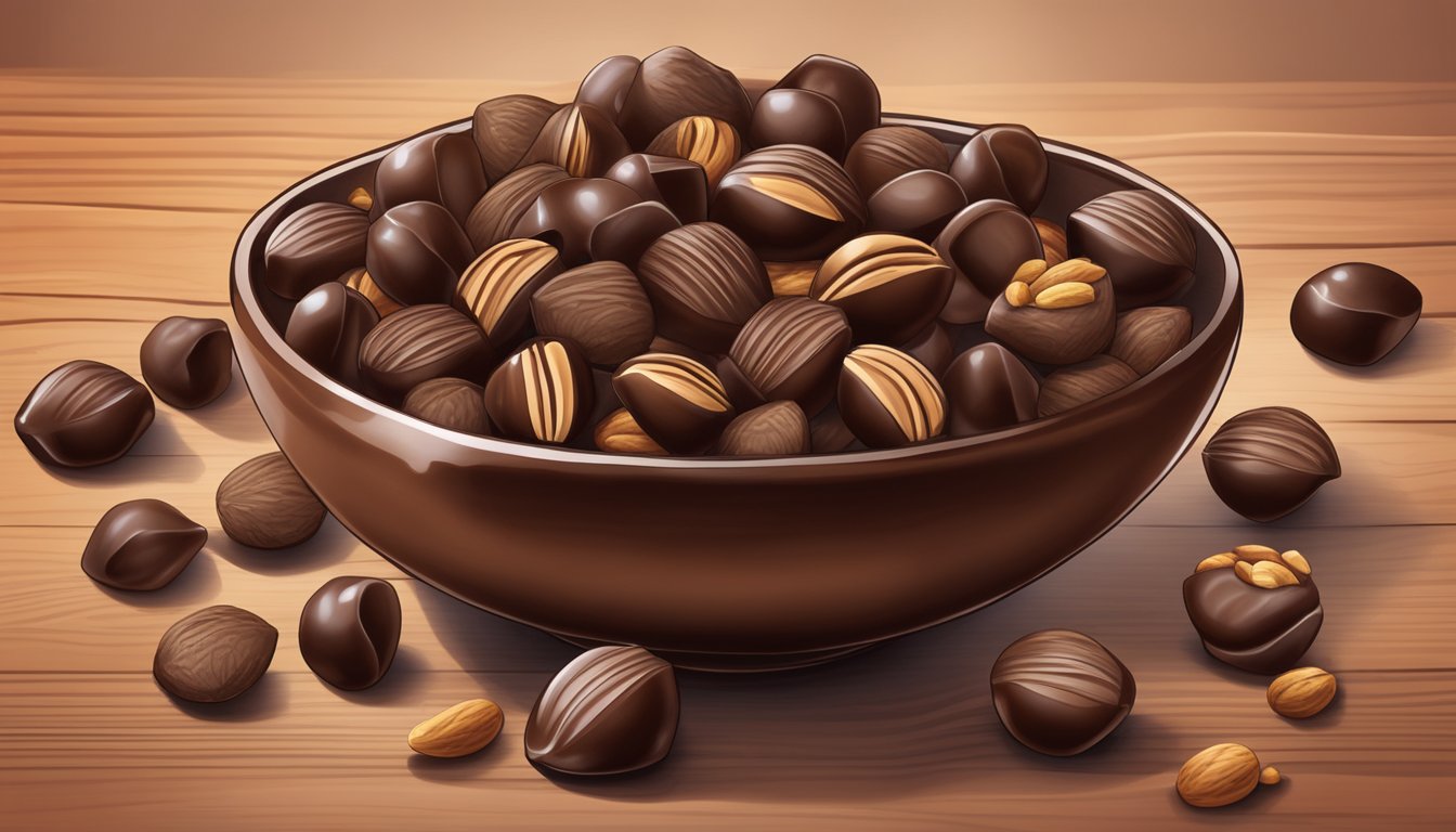 A bowl of chocolate-covered nuts sits on a wooden table, with a few nuts scattered around. The chocolate has a glossy sheen, and the nuts are perfectly coated