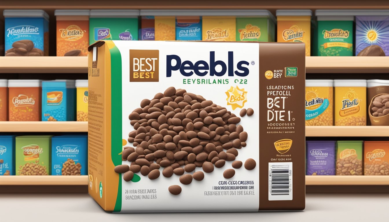 A box of Cocoa Pebbles sits unopened on a pantry shelf, with a "best by" date clearly visible on the packaging