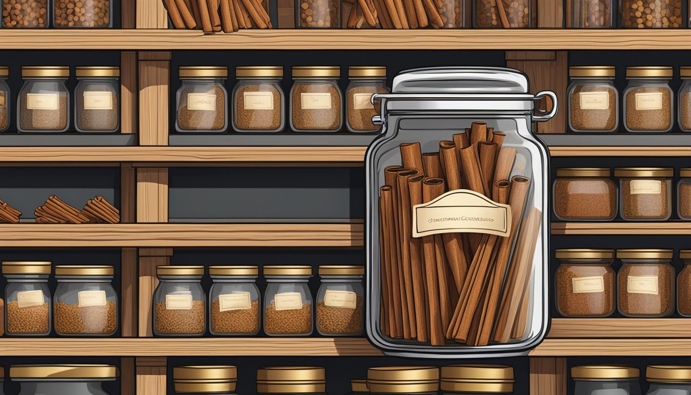 A jar of cinnamon sticks arranged neatly on a shelf, with a label indicating the date of purchase