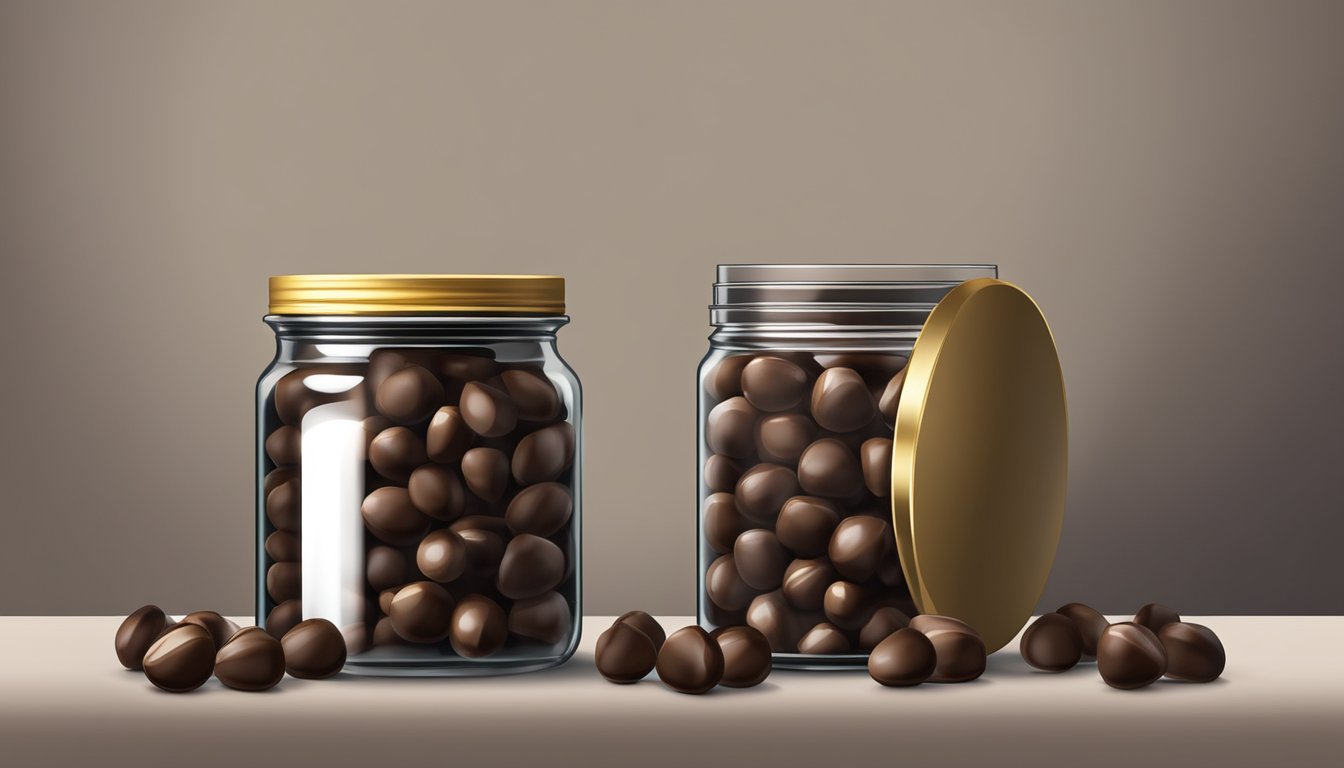 A glass jar filled with chocolate-covered nuts, sealed with a lid, placed on a shelf in a cool, dark pantry