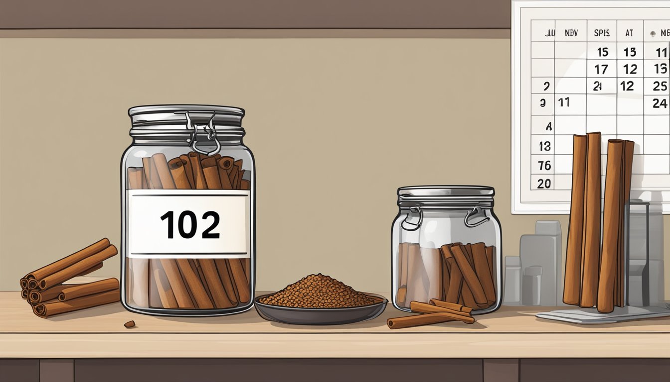 A jar of cinnamon sticks on a kitchen shelf, with a calendar showing the current date and an open spice packet nearby