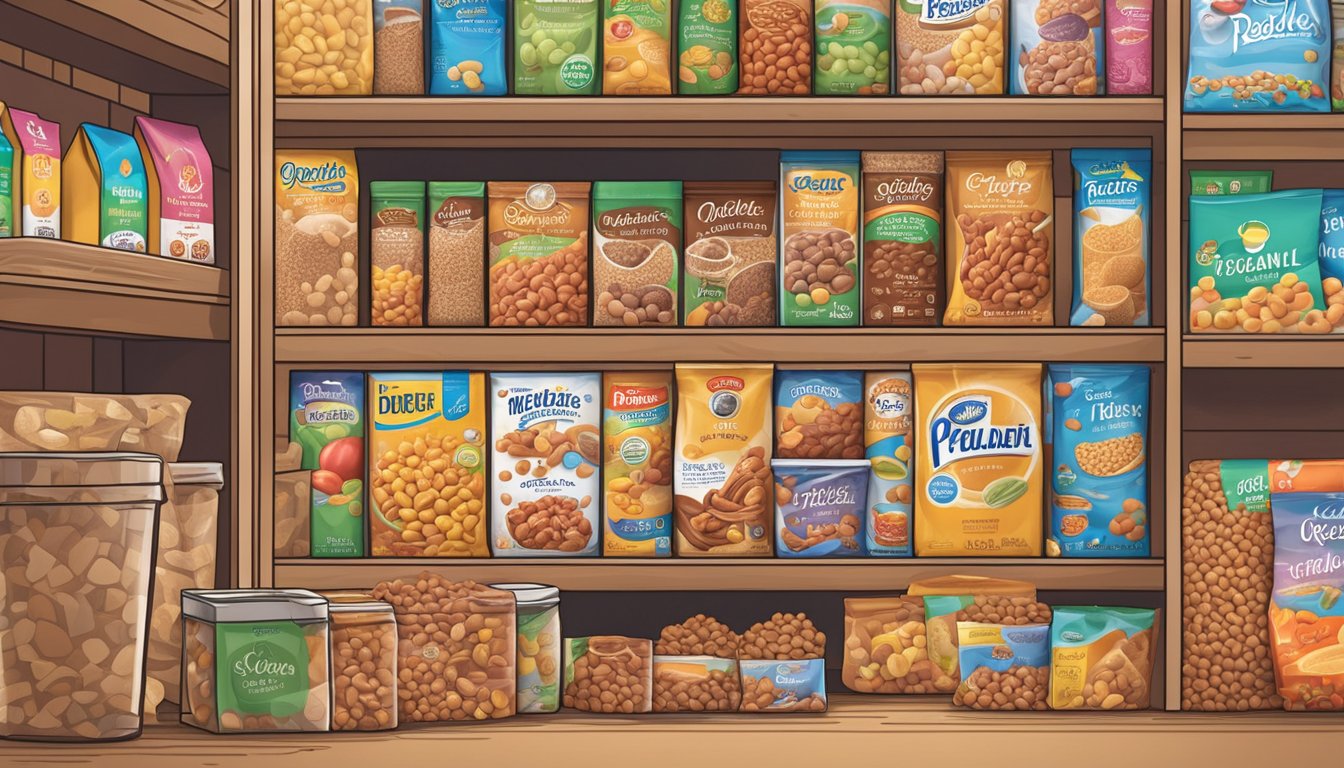 A box of Cocoa Pebbles sits unopened on a pantry shelf, surrounded by other cereal boxes and food items