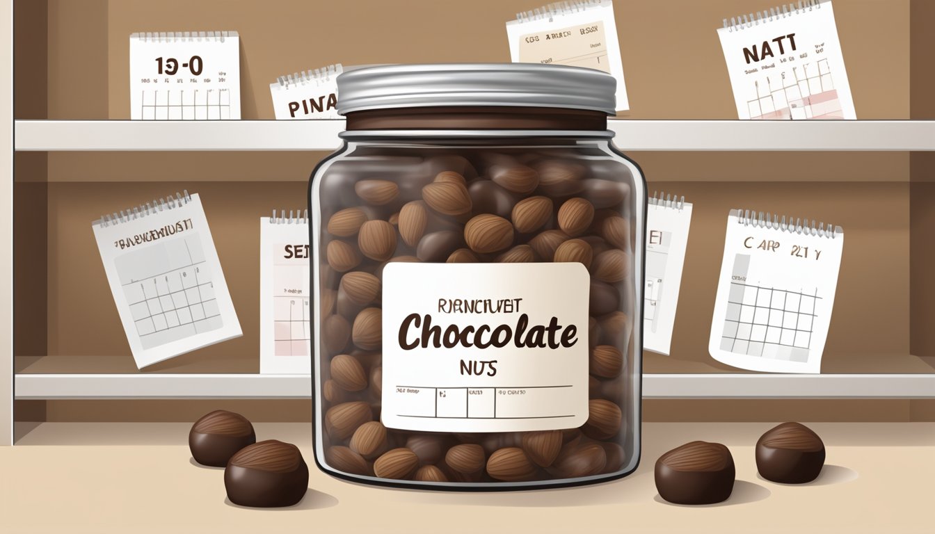 A jar of chocolate-covered nuts sealed with a lid, placed on a shelf with a calendar showing the current date