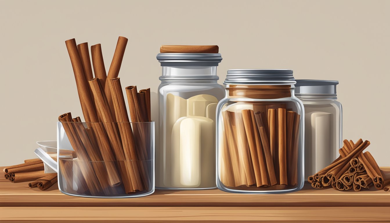 A jar of cinnamon sticks sealed with wax, placed on a shelf with other spices