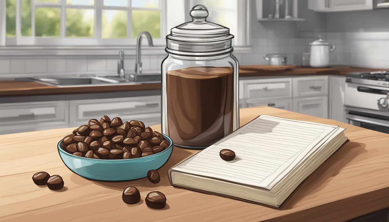 A glass jar filled with chocolate-covered nuts sits on a kitchen counter, next to a stack of recipe books and a wooden spoon