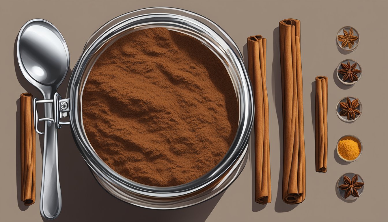 A jar of cinnamon sticks arranged in a neat row, some whole and some broken, surrounded by scattered spices and a measuring spoon