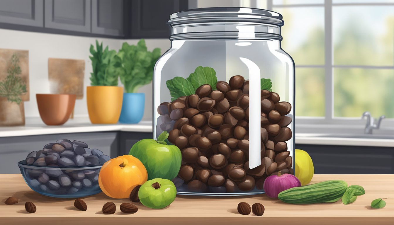 A clear glass jar filled with chocolate-covered nuts sits on a kitchen counter, surrounded by various fruits and vegetables. The nuts are neatly arranged and appear fresh and inviting