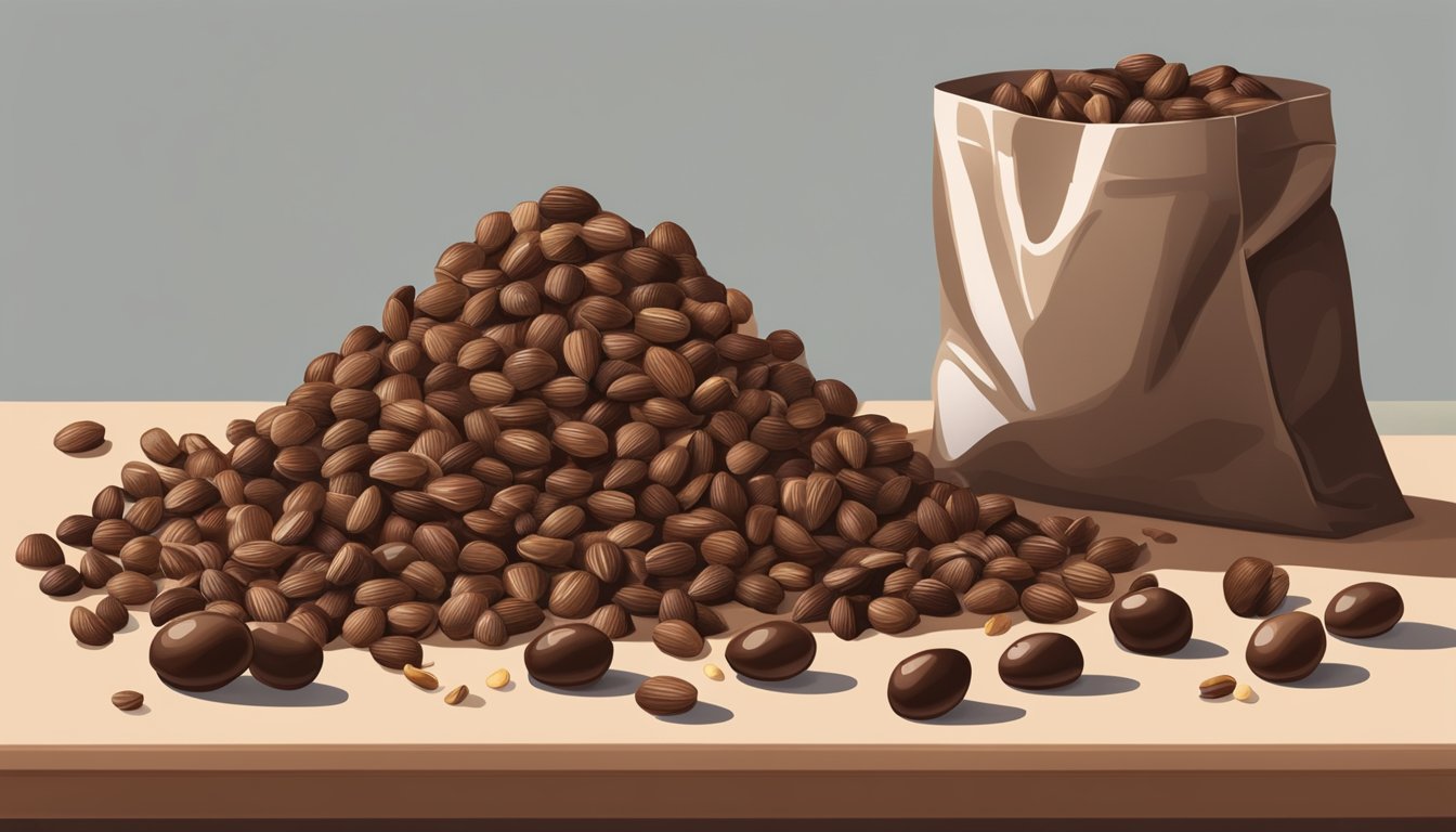 A pile of chocolate-covered nuts sits on a kitchen counter, next to an open bag. Some nuts are spilling out, and a few have cracked open, revealing the creamy chocolate inside