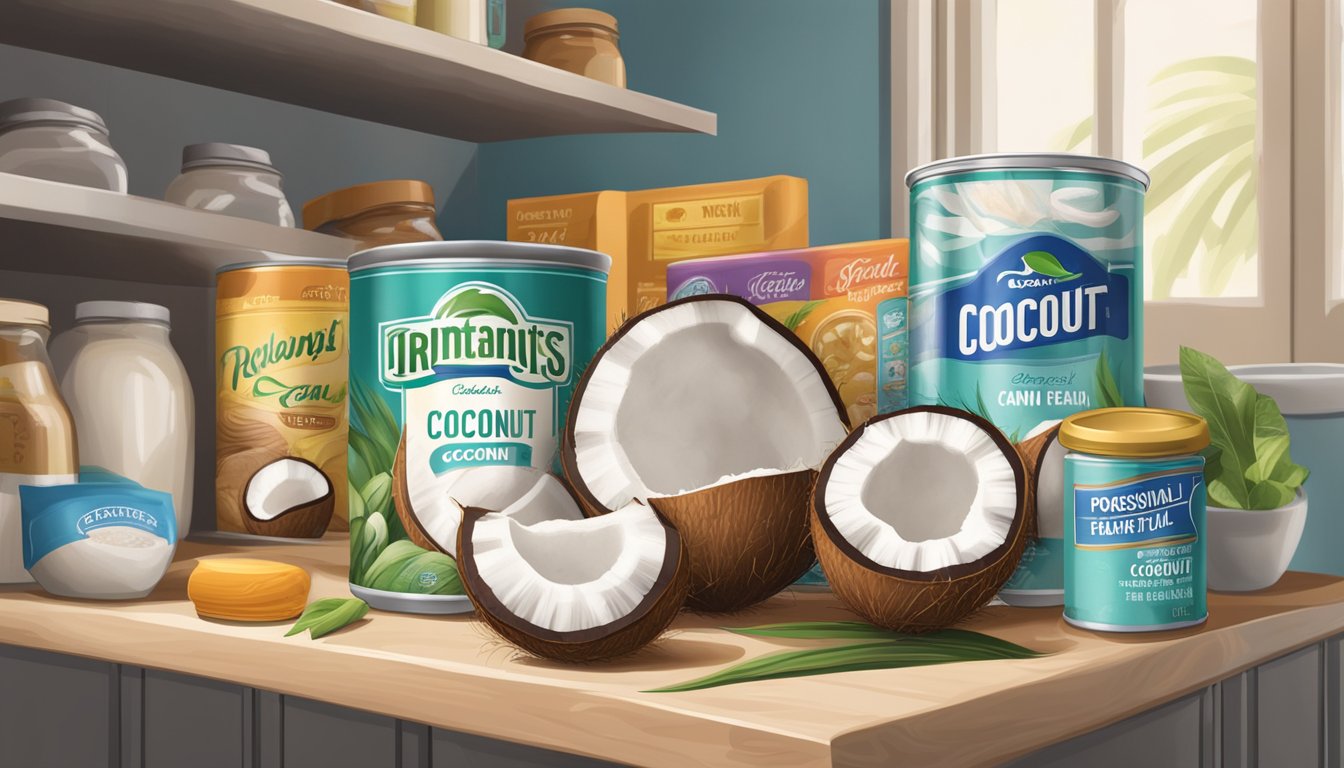 A can of coconut cream sits unopened on a kitchen shelf, surrounded by other pantry items