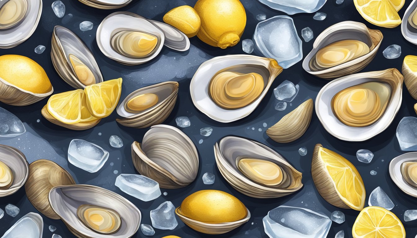 A pile of fresh clams arranged on a bed of ice, with a few scattered shells and a small dish of lemon wedges nearby