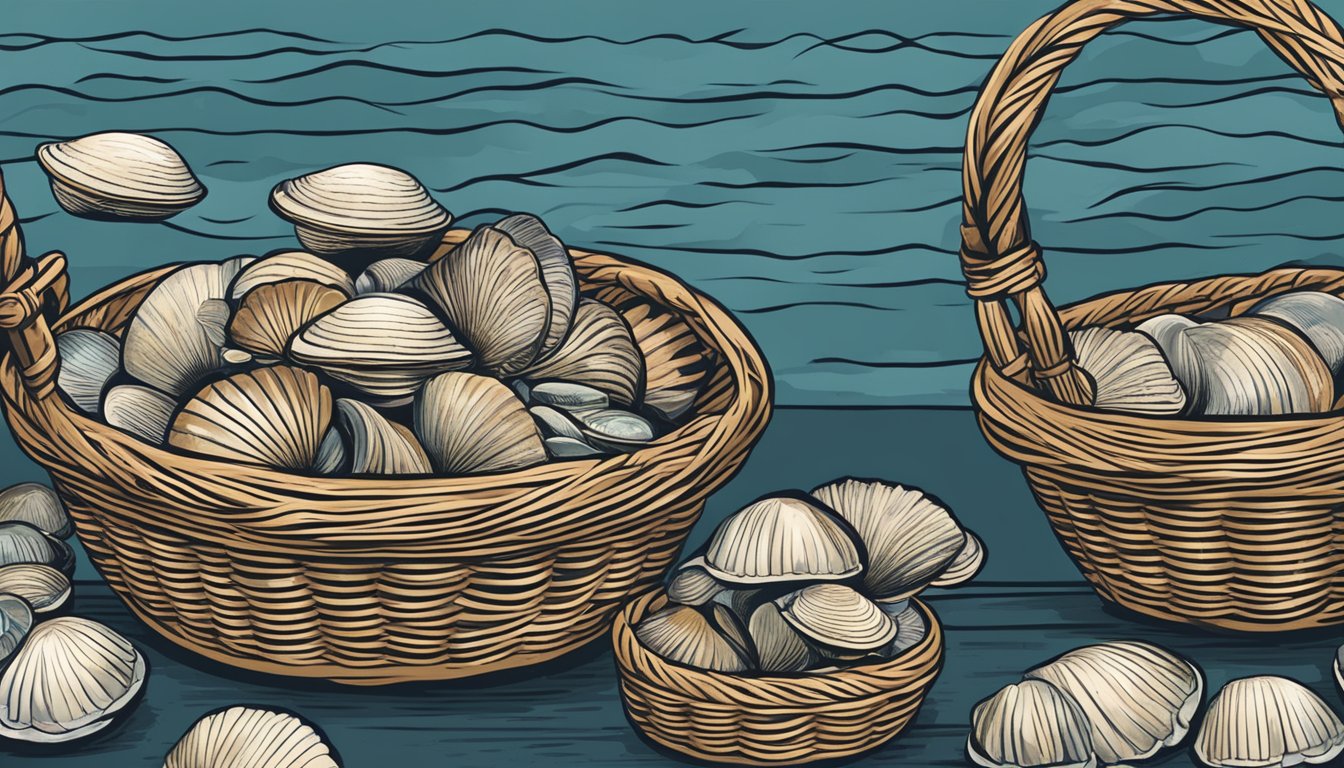 A hand reaching for clams in a basket at a seafood market