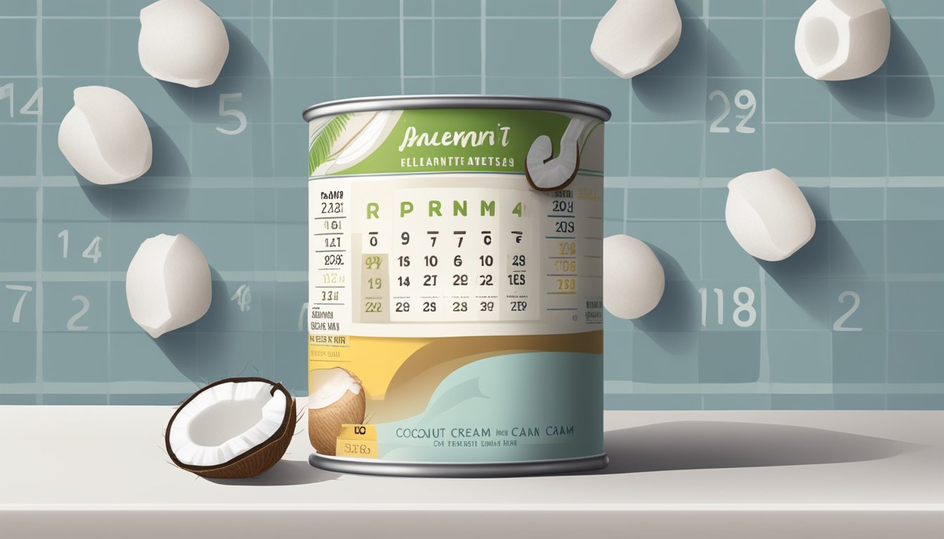 A can of coconut cream sitting on a shelf, with a calendar in the background showing the current date and a few days prior. The can is starting to bulge and the cream inside is beginning to separate