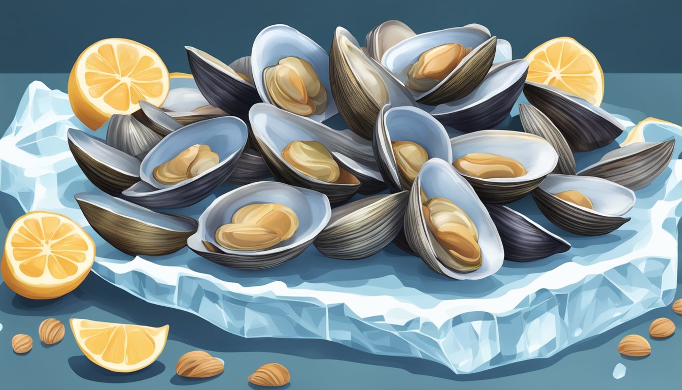 A pile of fresh clams on ice, with a few open shells showing the meat inside