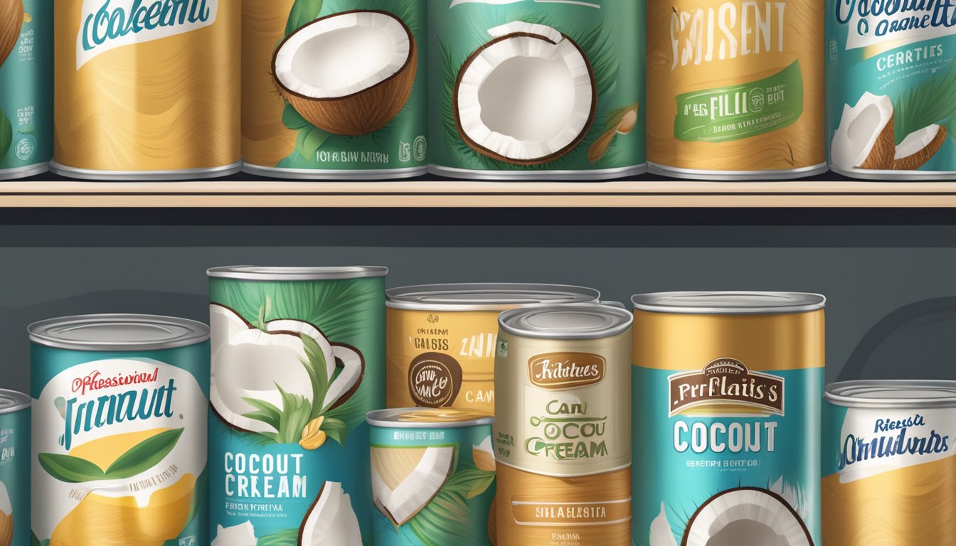 A can of coconut cream sits unopened on a pantry shelf, surrounded by other canned goods