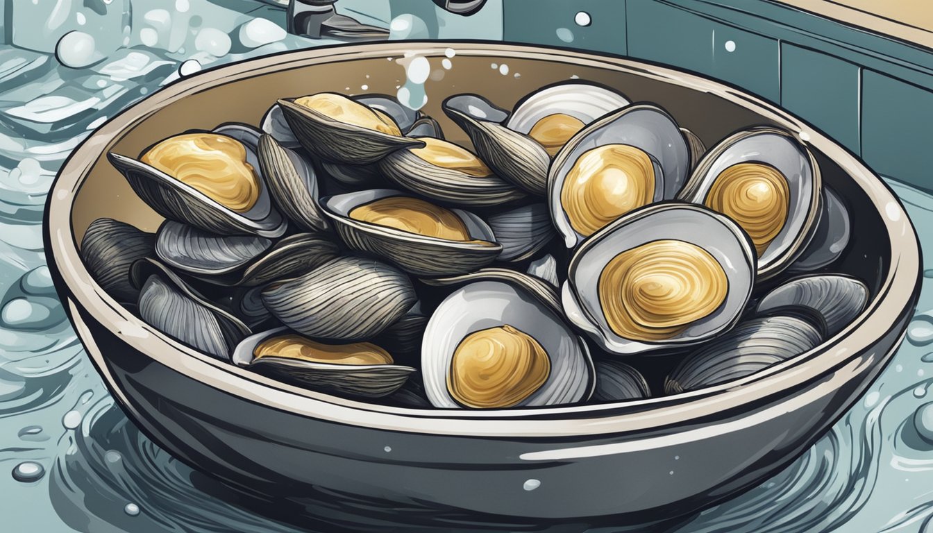 Fresh clams in a sink, being rinsed and scrubbed under running water