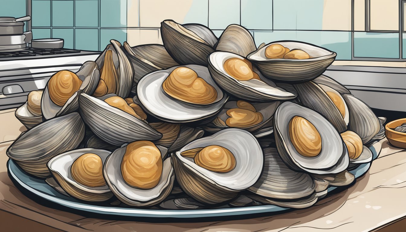 A pile of spoiled clams sits on a kitchen counter, emitting a foul odor. Some are open and discolored, indicating spoilage