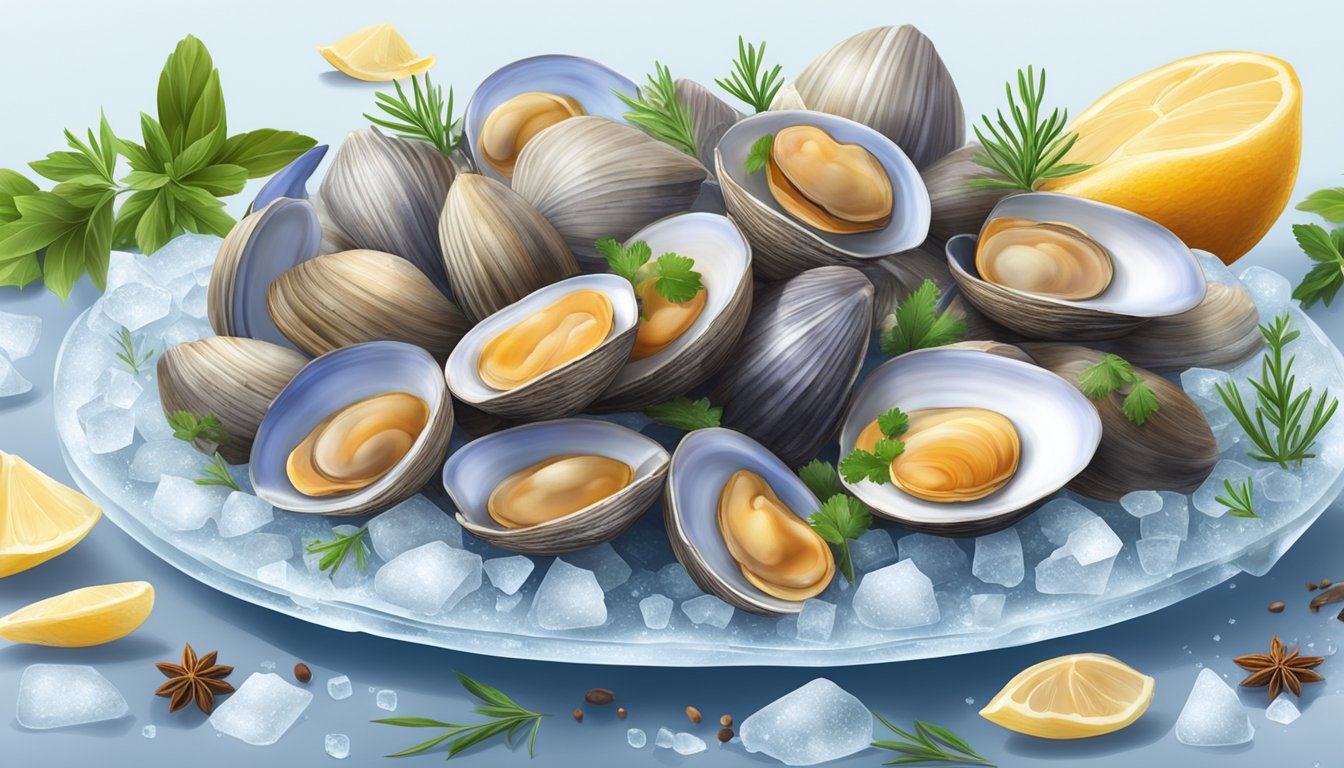 A pile of fresh clams on a bed of ice, surrounded by various herbs and spices