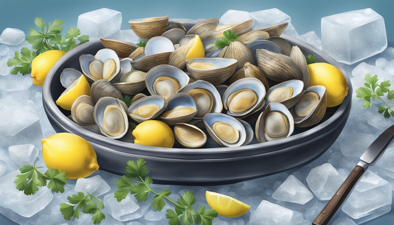 A pile of fresh clams sits on a bed of ice, surrounded by lemon wedges and parsley sprigs. A calendar on the wall shows the current date