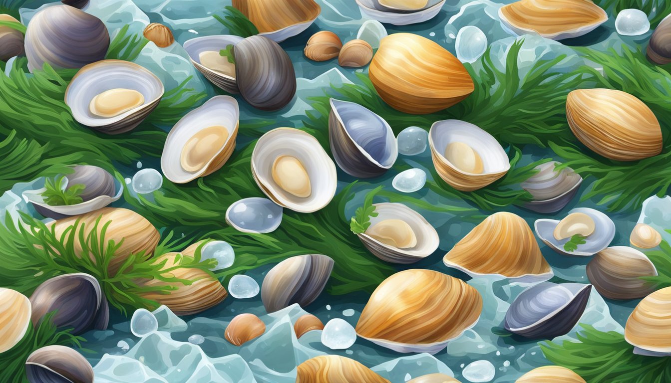 A pile of fresh clams sitting on a bed of ice, surrounded by vibrant green seaweed and scattered seashells