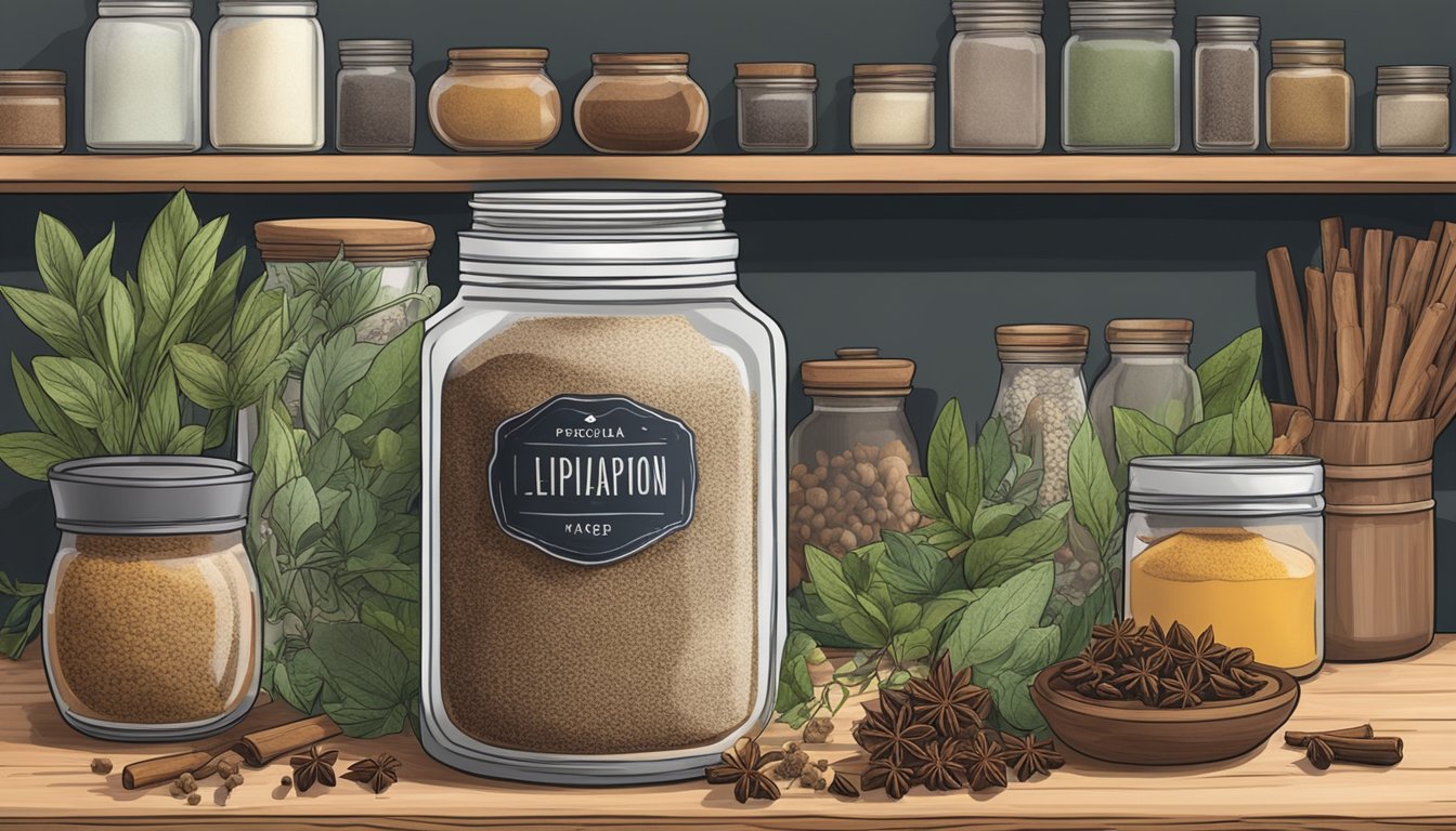 A jar of clove powder sits on a kitchen shelf, surrounded by other spices and herbs. The label on the jar is faded, indicating it has been there for some time