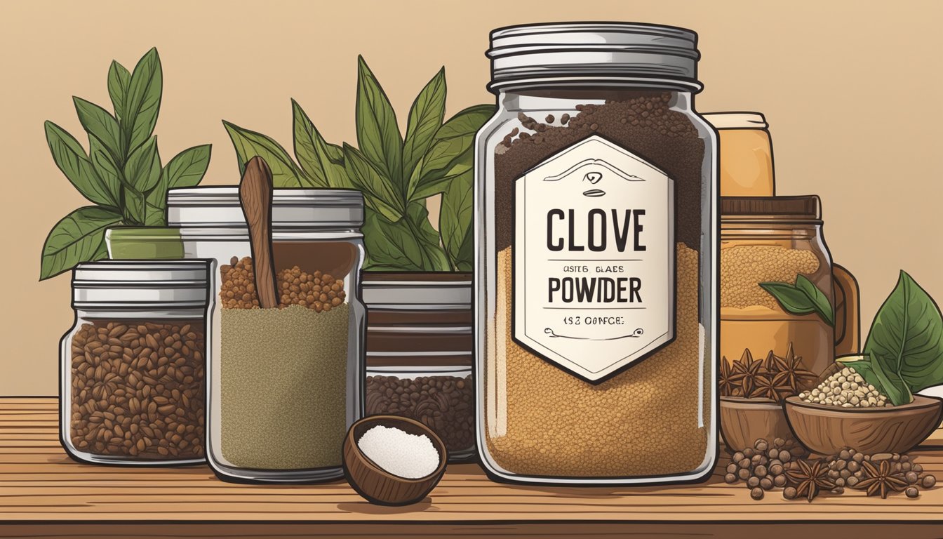 A jar of clove powder sits on a kitchen shelf, surrounded by other spices and ingredients. The label on the jar indicates the date of purchase